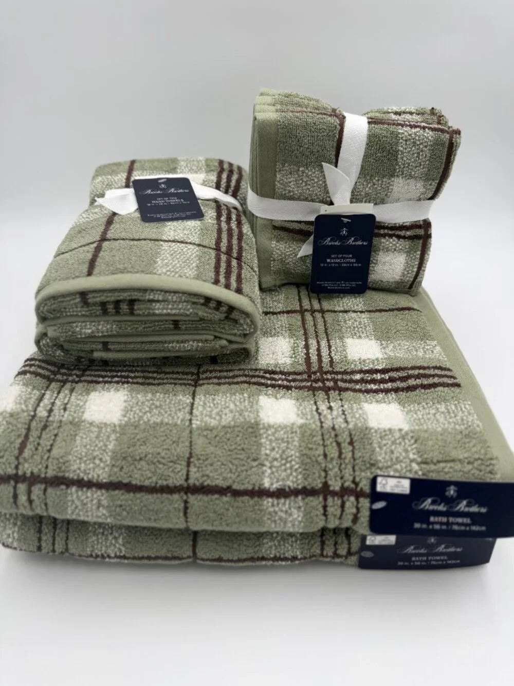 Brooks Brothers 8 Pc Bath Towel Set Sage Green Plaid 100% Cotton NWT